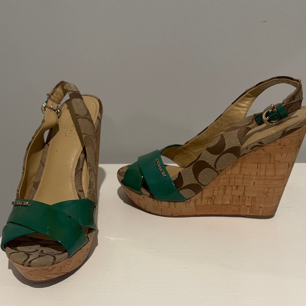 Coach Green and Brown Wedge Sandals